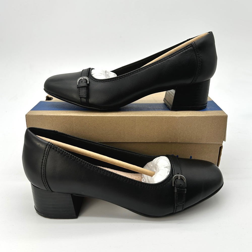 Clarks Marilyn Nora Pumps Womens Size 6.5 M Black Leather Block Heel Comfort NEW